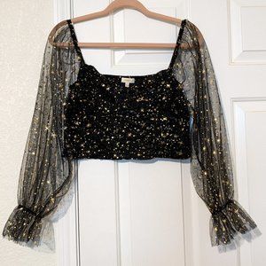 Galaxy Gold Star Crop Top with Sheer Bell Sleeves